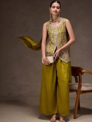 Olive chinon heavy thread embroidery work kurta palazzo set 2