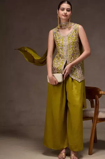 Olive chinon heavy thread embroidery work kurta palazzo set