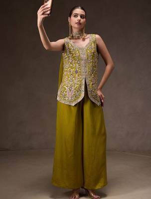 Olive chinon heavy thread embroidery work kurta palazzo set 3
