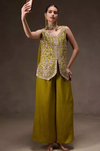 Olive chinon heavy thread embroidery work kurta palazzo set