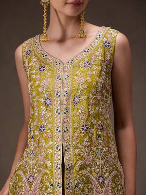 Olive chinon heavy thread embroidery work kurta palazzo set 4