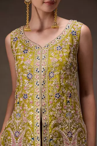 Olive chinon heavy thread embroidery work kurta palazzo set