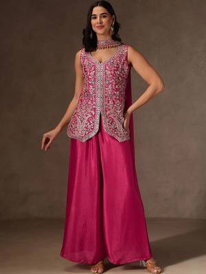 Rani pink chinon heavy thread embroidery work kurta palazzo set 1