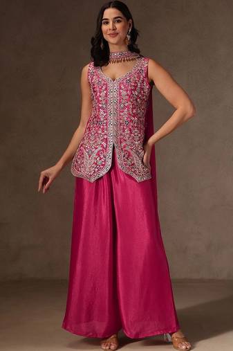 Rani pink chinon heavy thread embroidery work kurta palazzo set