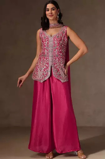 Rani pink chinon heavy thread embroidery work kurta palazzo set