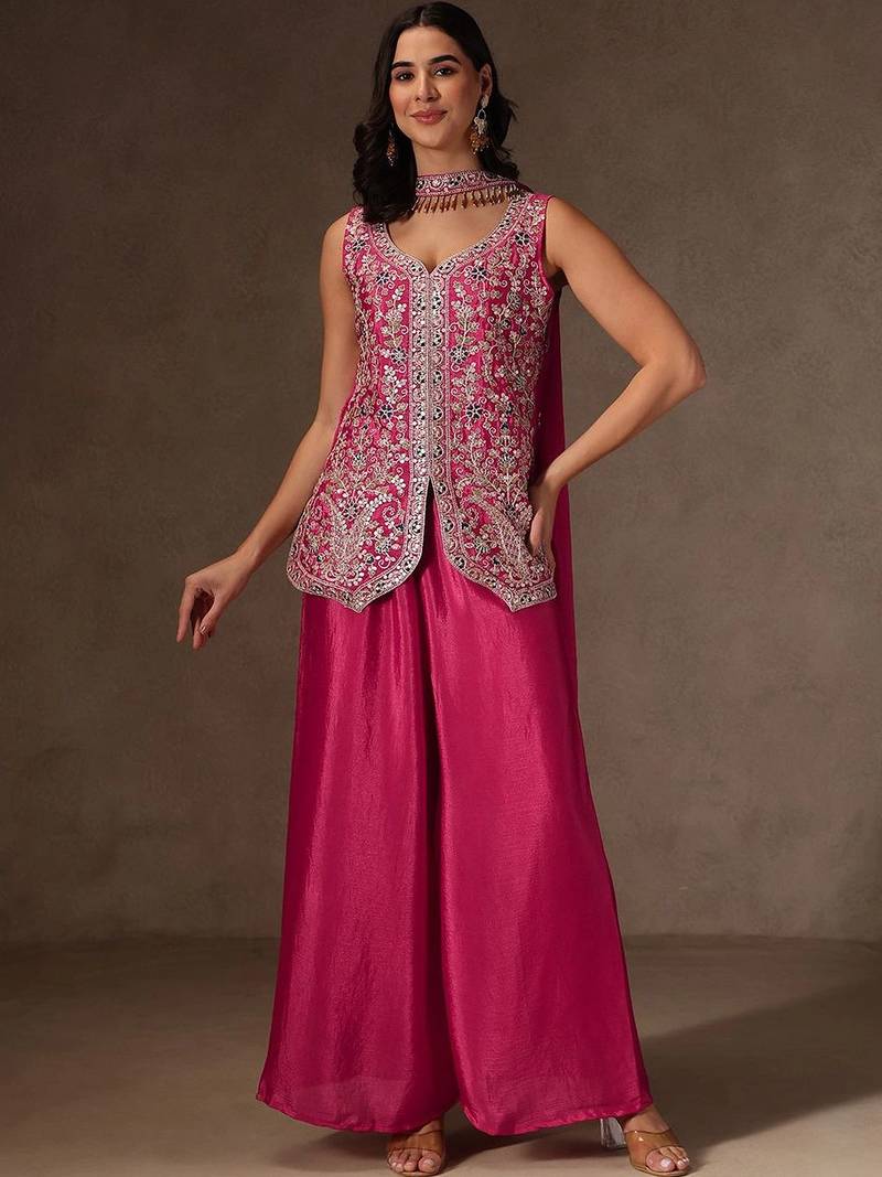 Rani pink chinon heavy thread embroidery work kurta palazzo set