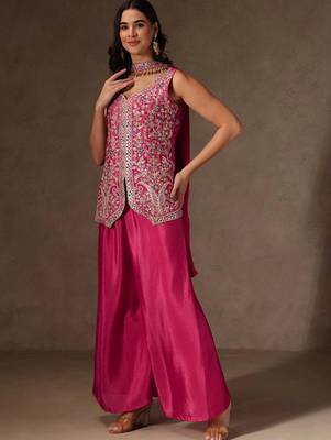 Rani pink chinon heavy thread embroidery work kurta palazzo set 2
