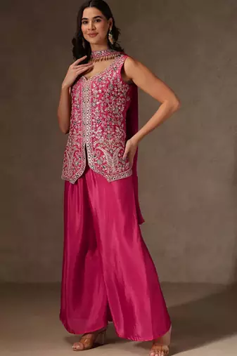 Rani pink chinon heavy thread embroidery work kurta palazzo set