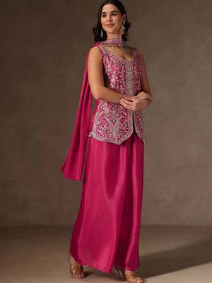 Rani pink chinon heavy thread embroidery work kurta palazzo set 3
