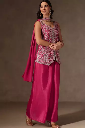 Rani pink chinon heavy thread embroidery work kurta palazzo set
