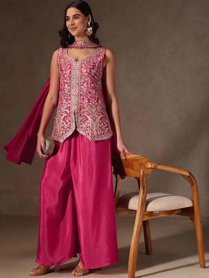 Rani pink chinon heavy thread embroidery work kurta palazzo set 4
