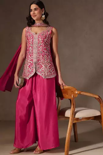 Rani pink chinon heavy thread embroidery work kurta palazzo set