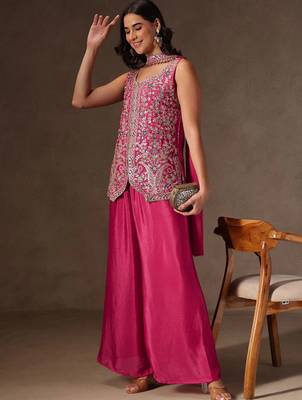 Rani pink chinon heavy thread embroidery work kurta palazzo set 5