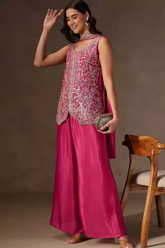 Rani pink chinon heavy thread embroidery work kurta palazzo set