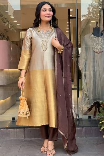 Gold viscose silk heavy thread embroidery work kurta pant set