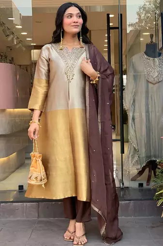 Gold viscose silk heavy thread embroidery work kurta pant set