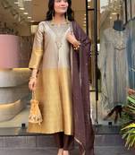 Gold viscose silk heavy thread embroidery work kurta pant set