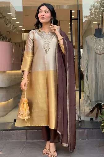 Gold viscose silk heavy thread embroidery work kurta pant set
