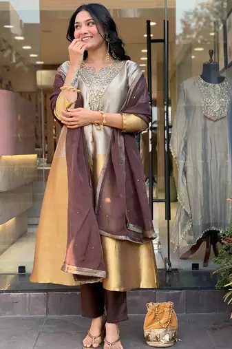 Gold viscose silk heavy thread embroidery work kurta pant set