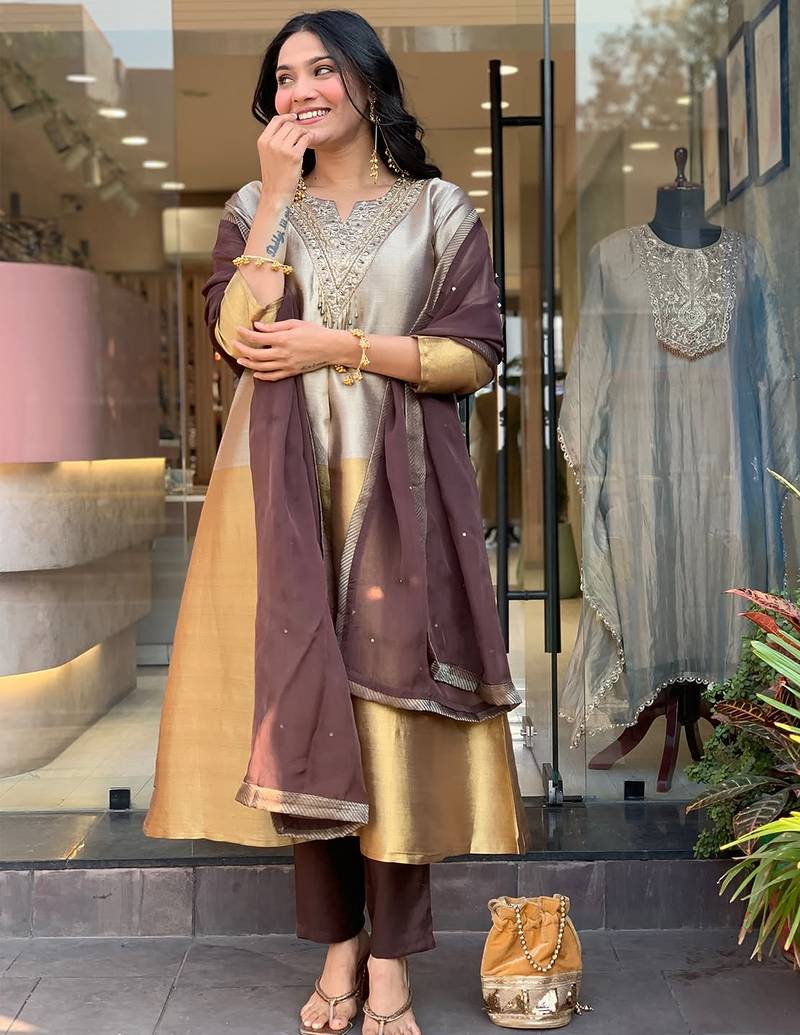 Gold viscose silk heavy thread embroidery work kurta pant set