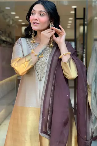 Gold viscose silk heavy thread embroidery work kurta pant set