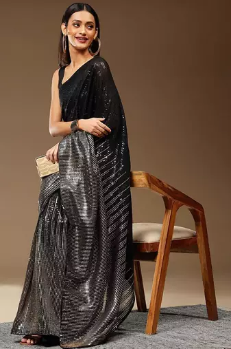 balck Embellished Georgette Sequins work saree with blouse