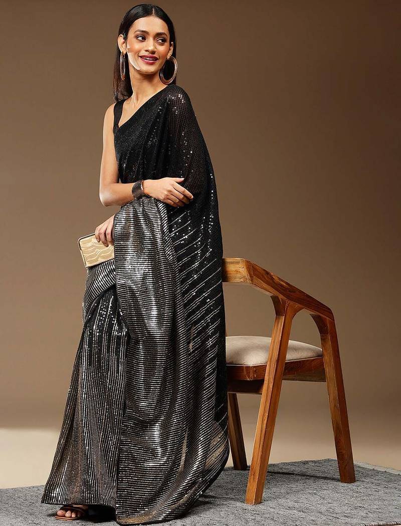 balck Embellished Georgette Sequins work saree with blouse