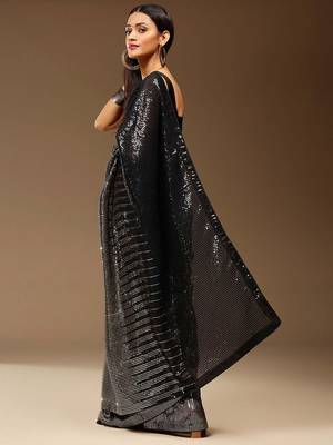 balck Embellished Georgette Sequins work saree with blouse 2