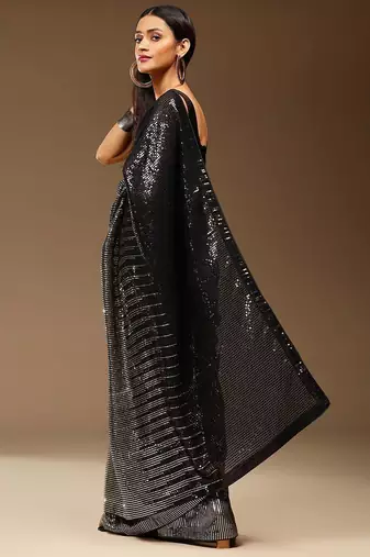 balck Embellished Georgette Sequins work saree with blouse