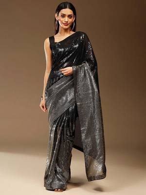 balck Embellished Georgette Sequins work saree with blouse 3