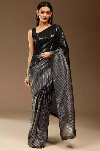 balck Embellished Georgette Sequins work saree with blouse