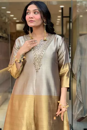 Gold viscose silk heavy thread embroidery work kurta pant set