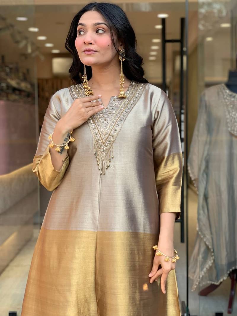 Gold viscose silk heavy thread embroidery work kurta pant set