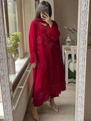 Red georgette heavy thread embroidery work kurta palazzo set 1
