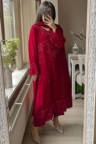 Red georgette heavy thread embroidery work kurta palazzo set