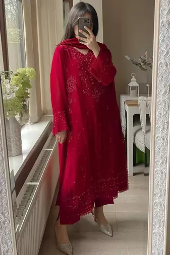 Red georgette heavy thread embroidery work kurta palazzo set