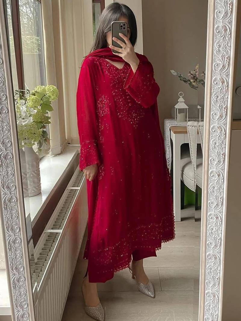 Red georgette heavy thread embroidery work kurta palazzo set