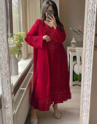 Red georgette heavy thread embroidery work kurta palazzo set 2