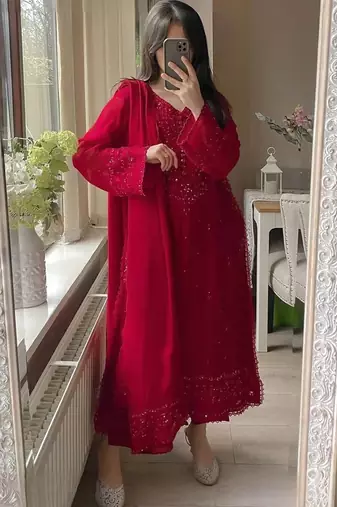 Red georgette heavy thread embroidery work kurta palazzo set