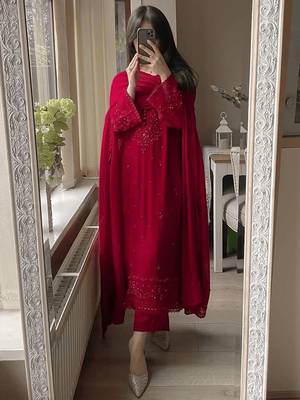 Red georgette heavy thread embroidery work kurta palazzo set 3