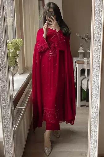 Red georgette heavy thread embroidery work kurta palazzo set