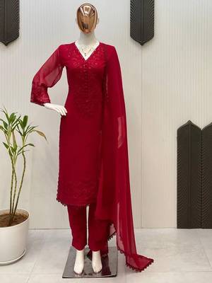 Red georgette heavy thread embroidery work kurta palazzo set 4