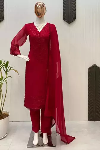 Red georgette heavy thread embroidery work kurta palazzo set
