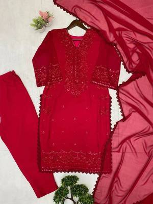 Red georgette heavy thread embroidery work kurta palazzo set 5