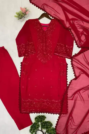 Red georgette heavy thread embroidery work kurta palazzo set