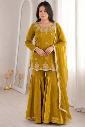 Mustard fandy silk heavy thread embroidery with hot fix work kurta sharara set