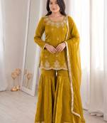 Mustard fandy silk heavy thread embroidery with hot fix work kurta sharara set