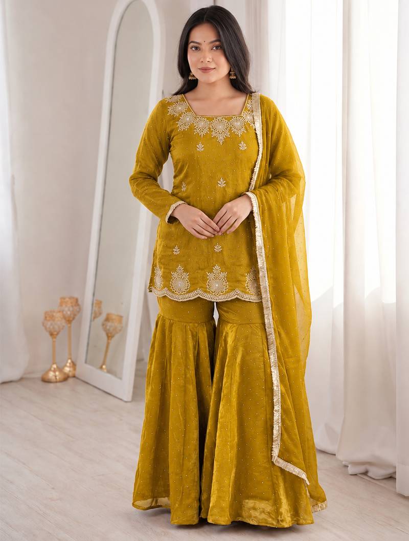 Mustard fandy silk heavy thread embroidery with hot fix work kurta sharara set