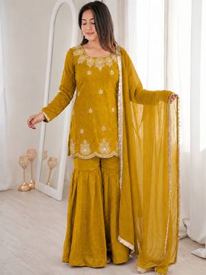Mustard fandy silk heavy thread embroidery with hot fix work kurta sharara set 3