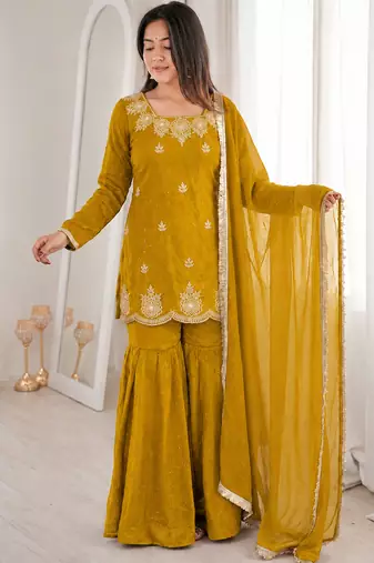 Mustard fandy silk heavy thread embroidery with hot fix work kurta sharara set